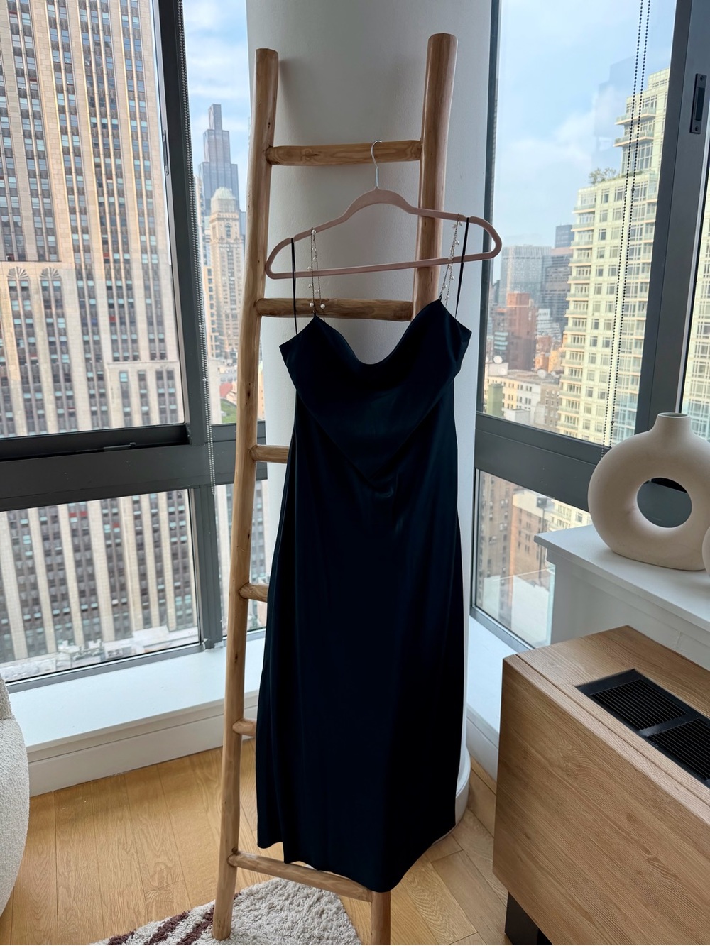 Cami NYC Black Midi Slip Dress with Pearl Chain Straps